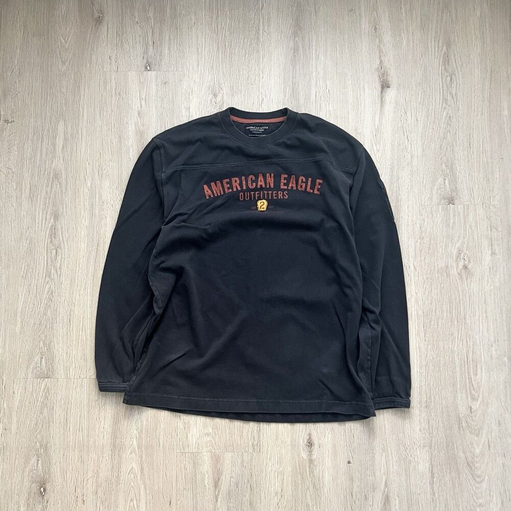 Vintage Style American Eagle Shirt Mens M Navy Gray Long Sleeve Pullover Y2K